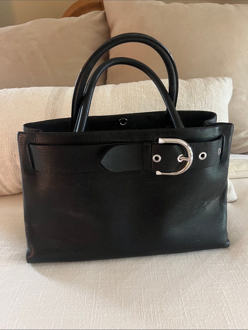 henri bendel Black Leather Satchel with Buckle Detail